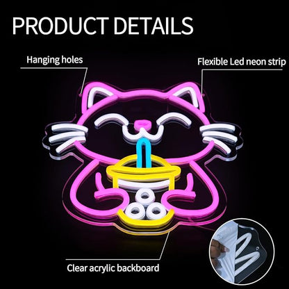 Cat Boba Tea Neon Sign for Wall Decor Dimmable Cute Cat Led Light Signs Bubble Tea Neon Light for Cafe Bar Kitchen Restaurant Coffee Dessert Shop Kids Room Decoration Gift for Girls Kids
