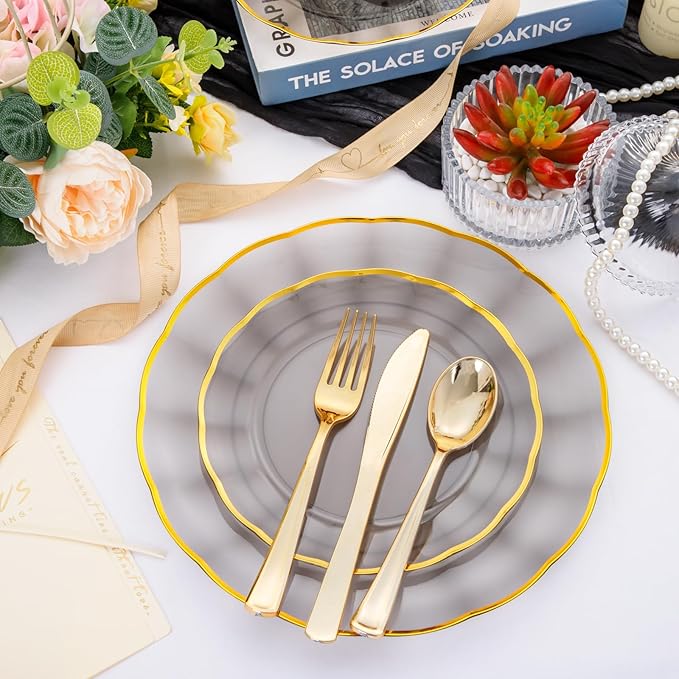 EI 150pcs Clear Black Dinnerware Set,Clear Black Fancy Plastic Plates with Gold Rimmed and Gold Plastic Silverware,Heavy Duty Party Plates Disposable for Afternoon Tea,,Christmas,New Year