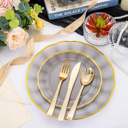 EI 150pcs Clear Black Dinnerware Set,Clear Black Fancy Plastic Plates with Gold Rimmed and Gold Plastic Silverware,Heavy Duty Party Plates Disposable for Afternoon Tea,,Christmas,New Year