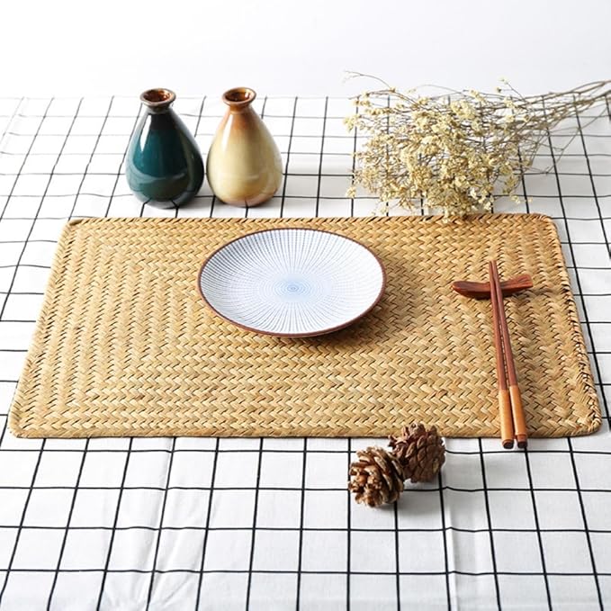 6 Pack Woven Placemats, Rectangular Rattan Place mats, Natural Seagrass Placemats, Farmhouse Wicker Table Mats for Dining Table