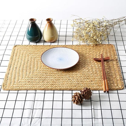 6 Pack Woven Placemats, Rectangular Rattan Place mats, Natural Seagrass Placemats, Farmhouse Wicker Table Mats for Dining Table