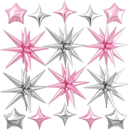Pink Silver Star Balloon,16Pcs Star Foil Balloons Set with 22Inch Explosion Spike Cone Balloons and 10Inch Quadrangle Helium Balloon for Birthday Wedding Baby Shower Party Decorations