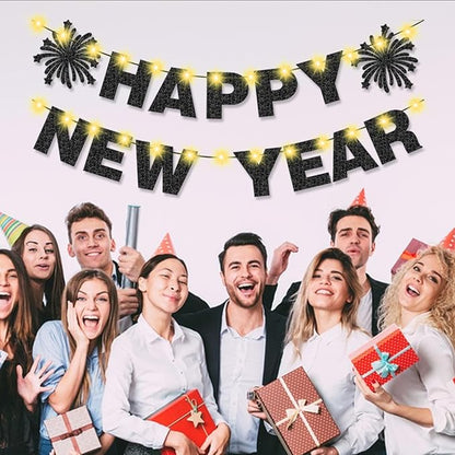 Light Up Happy New Year Banner Black Glitter for New Years Eve Party Decorations Happy NYE Party Home Office Decorations