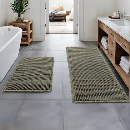 MIULEE Set of 2 Waffle Bathroom Rugs, Boho Bath Rugs Non Slip Washable, Super Absorbent Bath Mats, Ultra Soft Rubber Backed Shower Mats for Bathroom Floor, Tub, Green, 17"x24"+17"x48"