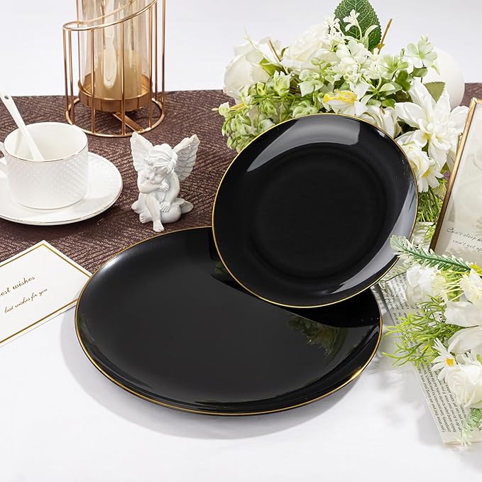 I00000 200 PCS Black and Gold Plates for 100 Guests Include: 10.25 inch 100 Dinner Plate and 7.5 inch 100 Plastic Dessert Plate, Premium Halloween Plastic Plates Perfect for Party Halloween