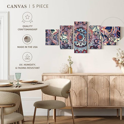 ElephantStock - Mandala Enchantment Wall Art - Horizontal Multi Panel Canvas - 5 Piece Living Room Wall Decor - Digital Art Elements Multi Piece Wall Art - Blue And Beige Decor - 92" x 42"
