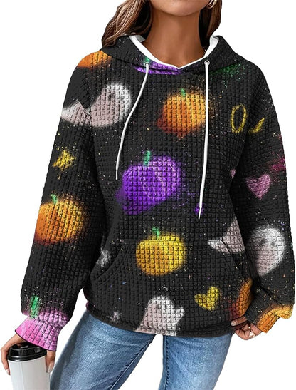 Halloween Sweatshirts for Women Novelty Graphic Drawstring Waffle Hoodies Loose Casual Pullover Tops with Pocket