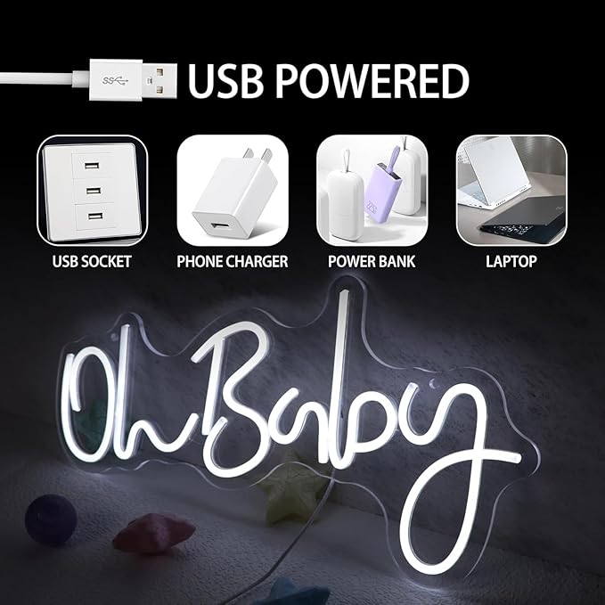 Oh Baby Neon Sign for Wall Decor Neon Lights for Teen Bedroom Decor Art Light Up Sign Oh Baby LED Neon Signs for All Party Reunion Decoration USB Powered 21.7x10 Inch (white)