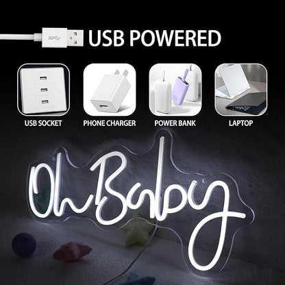 Oh Baby Neon Sign for Wall Decor Neon Lights for Teen Bedroom Decor Art Light Up Sign Oh Baby LED Neon Signs for All Party Reunion Decoration USB Powered 21.7x10 Inch (white)