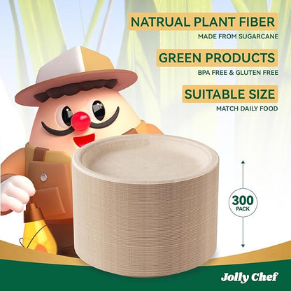 JOLLY CHEF Compostable Heavy Duty Plates 9 Inch [300 Pack] Eco-Friendly Disposable Natural Paper Plates Bagasse Biodegradable Bulk for Party Dinner Sugarcane Fibers Lunch Christmas (Brown)
