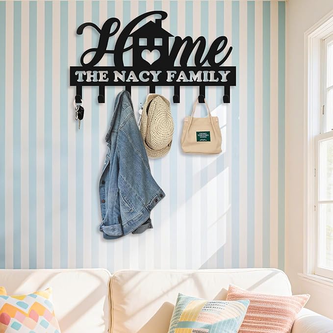 Personalized Key Holder for Wall, Metal Key Holder Wall Mount, Sweet Home Coat Rack for Living Room Bedroom Entryway, Mounted Key Hanger with Hooks, Housewarming Gift (05-Home)