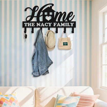 Personalized Key Holder for Wall, Metal Key Holder Wall Mount, Sweet Home Coat Rack for Living Room Bedroom Entryway, Mounted Key Hanger with Hooks, Housewarming Gift (05-Home)