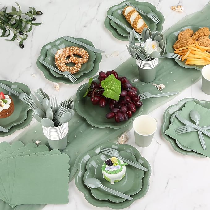 192 Pcs Sage Green Paper Plates And Napkins Set Party Supplies - For 24 Guests Paper Plates And Napkins Knives Spoons Forks Cups - For Baby Shower Bridal Shower Wedding