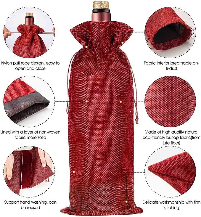 Homum 12Pcs Premium Burlap Wine Bags, Reusable Wine Bottle Bags for Weddings, Parties, Blind Tastings, Christmas, Birthdays, Housewarming, Home Storage (Red)