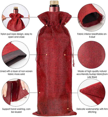 Homum 12Pcs Premium Burlap Wine Bags, Reusable Wine Bottle Bags for Weddings, Parties, Blind Tastings, Christmas, Birthdays, Housewarming, Home Storage (Red)