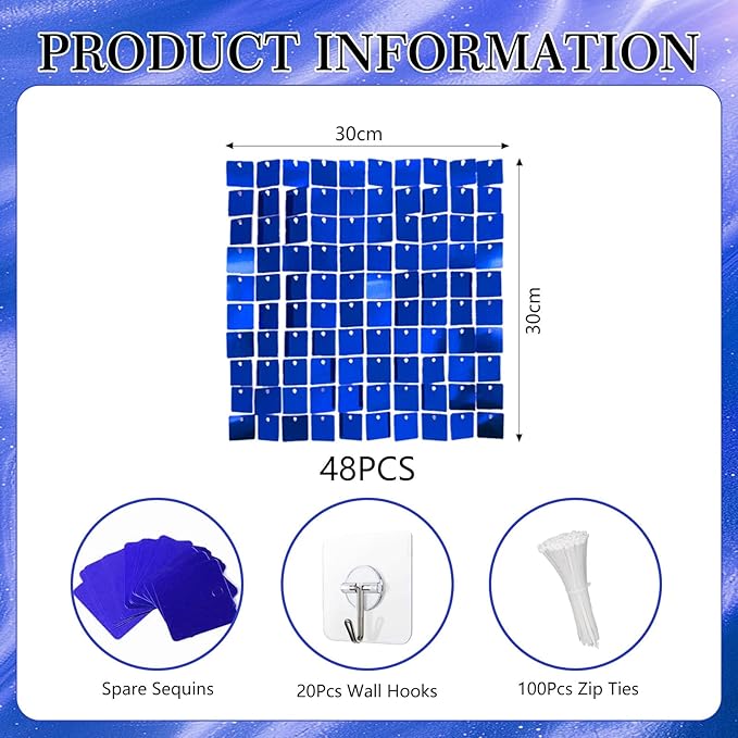 48 PCS Blue Shimmer Wall Backdrop, Square Sequin Photo Backdrops Panel, Glitter Wall Background for Birthdays, Weddings, Halloween, Engagements, Disco Bachelorette Party Decoration (6FTx8FT)