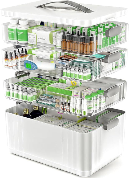 4-Tier Medicine Organizer - Portable Medicine Cabinet with Plastic Handle, Multipurpose Medical Box, Empty First Aid Kit for Home