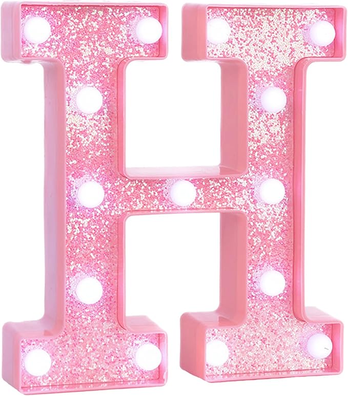 Pink LED Marquee Light Up Letters, Glitter Alphabet Letter Lights for Birthday Party Decorations, Battery Operated Letter Signs for Girls Room Table Decor, Pink letter H with Cool White Lights
