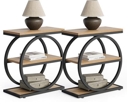 LITTLE TREE End Table Set 2, Side Table with 3-Tier Storage Shelves, Small Sofa Side Table for Living Room, Wooden Side End Table with Double Round Metal Legs, Slim Nightstand and Bedside Table, Oak
