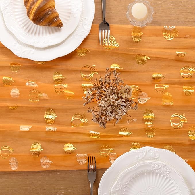 Pumpkin Gold Table Runner for Thanksgiving Sheer Gauze Cheesecloth 120 Inch with Glitter Harvest Feast Decor for Family Gatherings Dining Table Home Celebration - Orange