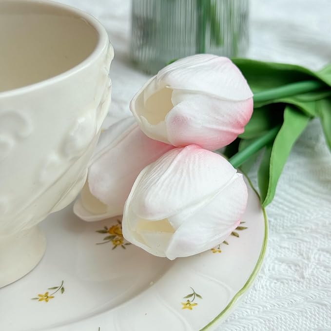 20 Pcs Real Touch Artificial Tulips - Soft White-Pink Fake Flowers, 14" Spring Mother’s Day Easter Home Kitchen Wedding Party Decor (Bulk, Lifelike Latex Texture)