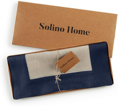 Solino Home Linen Table Runner 108 Inches Long - Navy and Natural 100% Pure Linen 14 x 108 Inch Table Runner for Dining, Fall, Autumn, Winter - Contempo