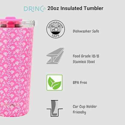 Drinco - 20 oz Stainless Steel Tumbler | Double Walled Vacuum Insulated Mug With Lid, 2 Straws, For Hot & Cold Drinks (20oz Pink Rose)