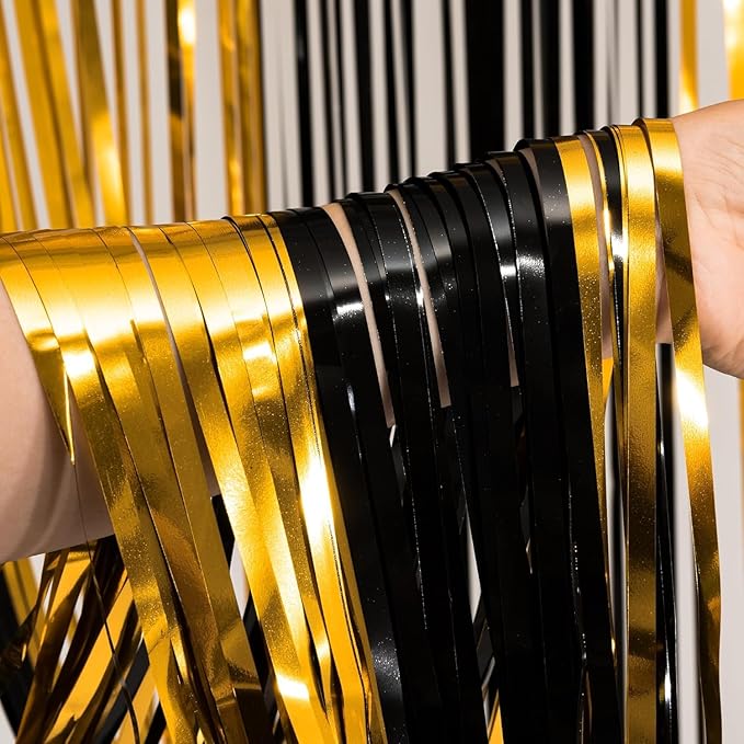 BRAVESHINE 3.2 x 8.2ft Black Gold Foil Fringe Curtains - 2 Pack Metallic Photo Booths Party Streamers Backdrop for New Years/Boy/Men/Birthdays/Engagement/Homecoming/Farewell/Prom/Christmas Decorations