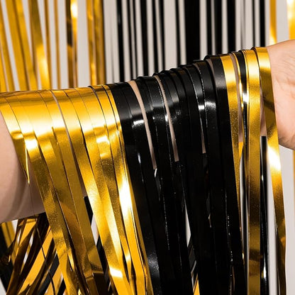 BRAVESHINE 3.2 x 8.2ft Black Gold Foil Fringe Curtains - 2 Pack Metallic Photo Booths Party Streamers Backdrop for New Years/Boy/Men/Birthdays/Engagement/Homecoming/Farewell/Prom/Christmas Decorations