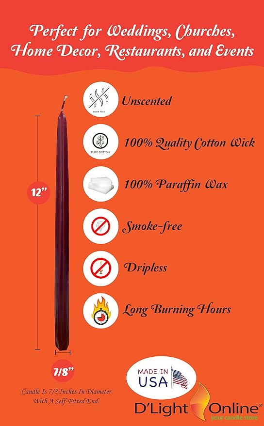 D'light Online Elegant Unscented 12" Burgundy Taper Candles Premium Quality Hand-Dipped Tapered Candles, Dripless and Smokeless - Set of 12 Individually Wrapped (12 Inch, Burgundy)