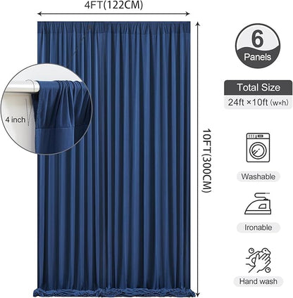 24 x 10ft Navy Blue Backdrop Curtains for Graduations Celebration Polyester Photo Backdrop Curtains No-Wrinkle Long Curtains for Parties Decorations Retirement Birthday Wedding Photoshoot, 6 Panels
