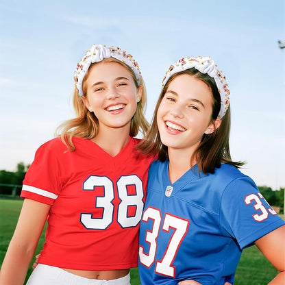 PANTIDE Football Jeweled Knotted Headband - Red Football Rhinestone Crystal Embellished Headband Wide Top Knot Fashion Hairband Mom Accessories Sports Game Day Birthday Gift for Fan Women Girl (White)