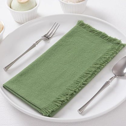 12 Pack Sage Green Cotton Linen Napkins with Fringe Christmas Cloth Napkins Set of 12 Boho Handmade Holiday Napkins Bulk for Wedding Baby Shower Xmas Dinner Table Parties, 17 x 17 Inches