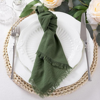12 Pack Olive Green Cotton Linen Napkins with Fringe Green Cloth Napkins Set of 12 Boho Handmade Dinner Table Napkins for Wedding Bridal Baby Shower Tea Party, 17 x 17 Inches