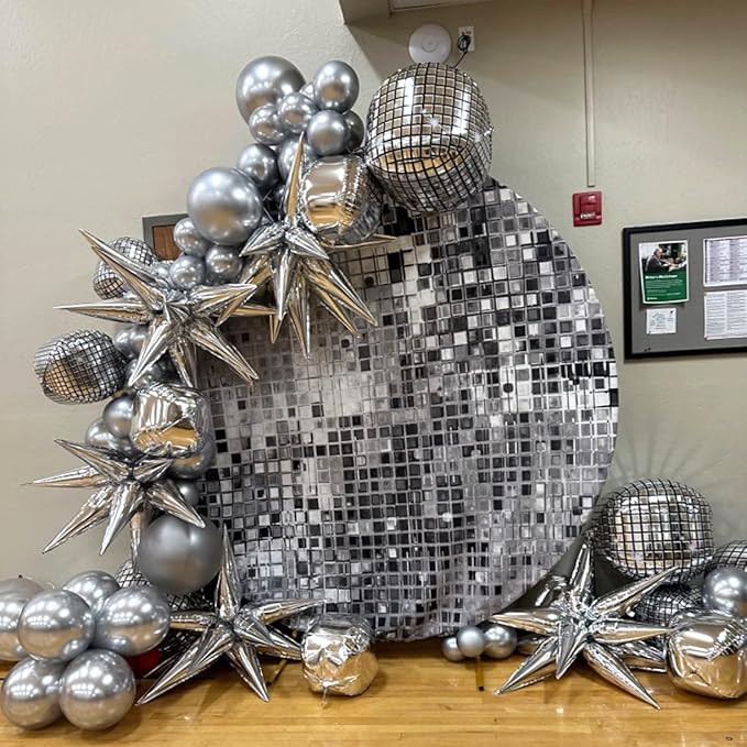 22 Inch Large 4D Metallic Silver Disco Ball Balloon with Explosion Star Foil Balloons for 70s 80s 90s Themed Party, Birthday, New Year, Graduation