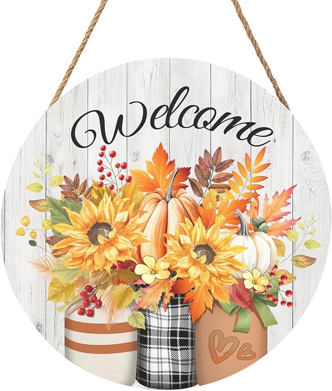 Fall Welcome Sign Door Sign 12"x12" Rustic Fall Decorations Hanging Door Sign Thanksgiving Farmhouse Welcome Round Wooden Sign for Home Front Door Wall Porch Yard Garden