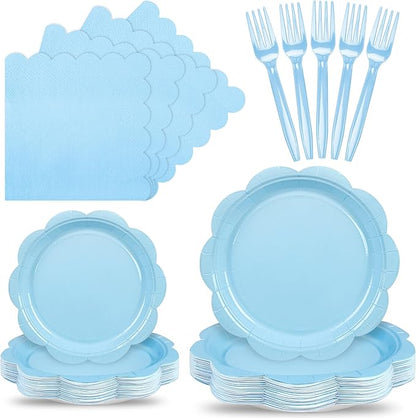 96 Pcs Light Blue Paper Plates and Napkins Set Party Supplies, Tableware set for 24 Guest include Disposable Light Blue Scalloped Plates, Napkins and Forks for Baby Shower Bridal Shower Wedding