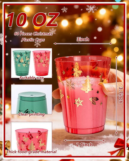 Ciaell 60 Pack Christmas Plastic Cups - 10 Oz Red and Green Disposable Cups - Christmas Wine Glasses for Xmax Party Supplies