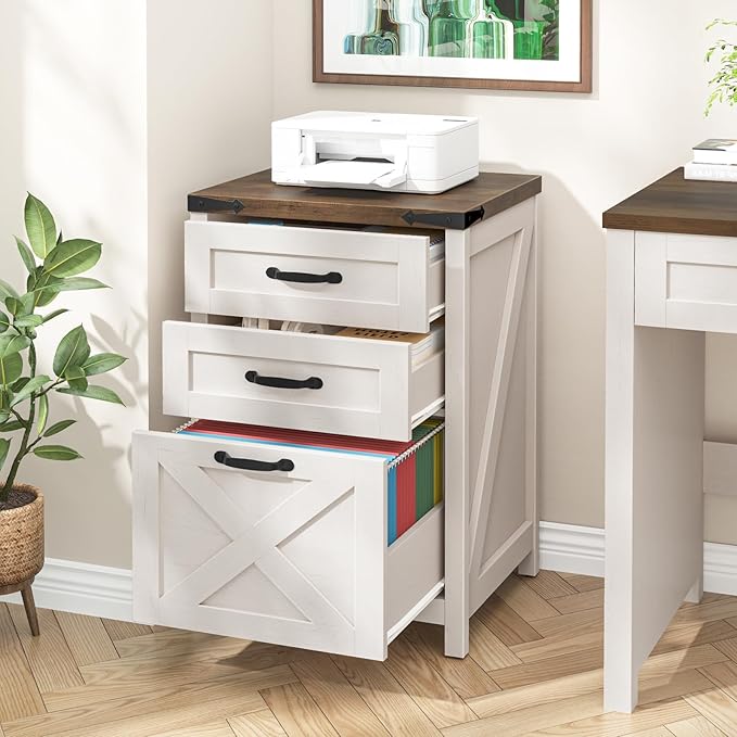 3 Drawer Small File Cabinet, Farmhouse Vertical Filing Cabinet Fits Letter and A4 Size, Under Desk Wooden File Cabinets for Home Office, Printer Stand, Rustic White