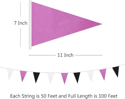 100 Ft White Purple Black Pennant Banner Flag, 60 Pcs String Hanging DIY Bunting Flags for Party, School, Birthday, Wedding, Carnival, Celebrations, Outdoor and Indoor Decorations (White Purple Black)