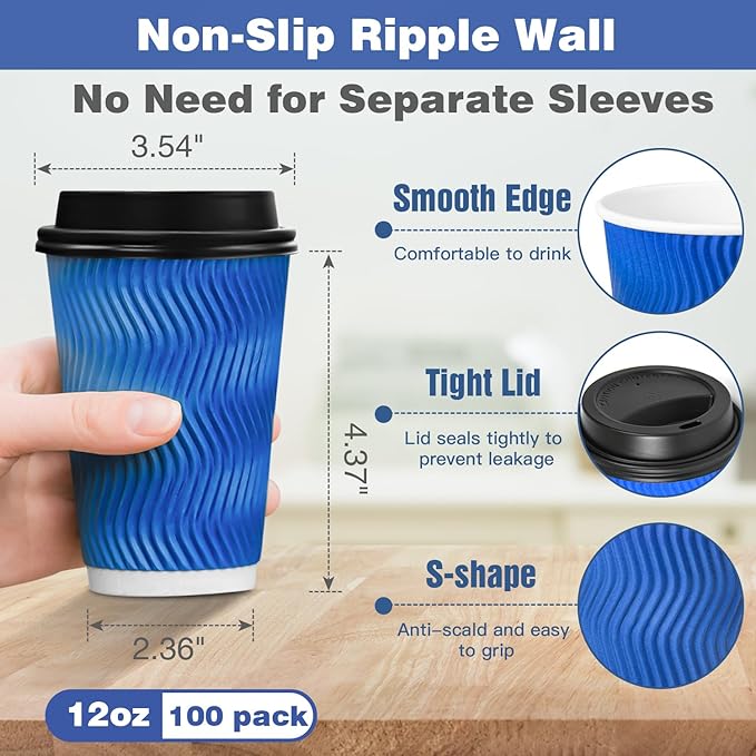 Ginkgo Disposable To Go Coffee Cups with Lids 12 oz 100 Pack, Double Wall Ripple Insulated Blue Paper Cups for Hot Beverage, Chocolate, Cocoa and coffee