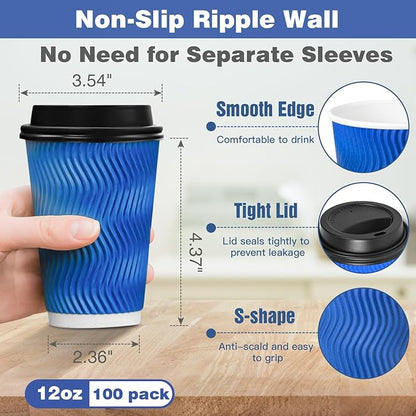 Ginkgo Disposable To Go Coffee Cups with Lids 12 oz 100 Pack, Double Wall Ripple Insulated Blue Paper Cups for Hot Beverage, Chocolate, Cocoa and coffee