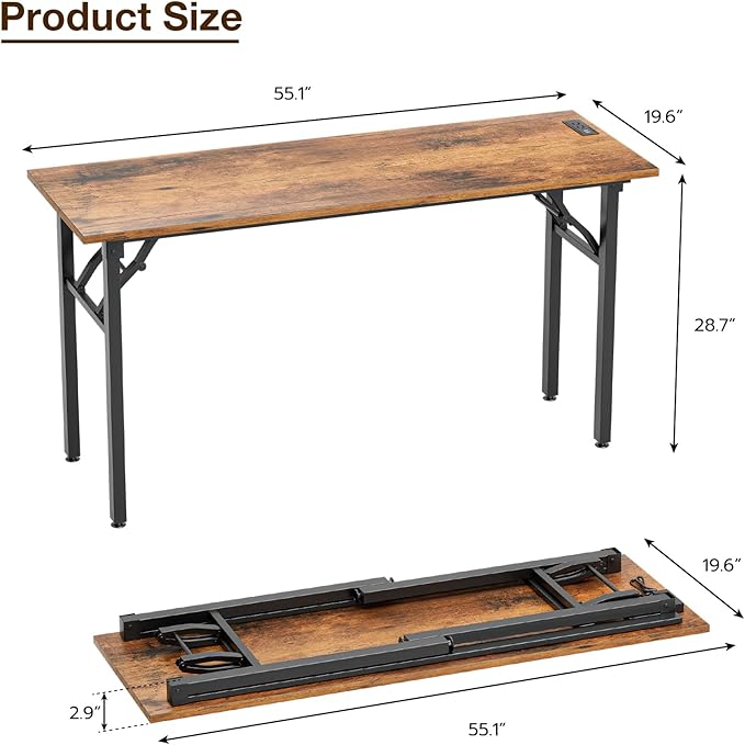 TEMI Long Computer Desk Folding Table - No Assembly, Compact 55" Foldable Desk with Power Outlets & USB Charging Port, Portable Lagre Office Desk, Ideal Large Study Table for Narrow Spaces, Brown