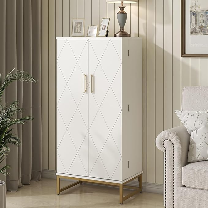 51” Kitchen Pantry Storage Cabinet, White Freestanding Pantry Cabinets with Doors and Adjustable Shelves, Buffet Cupboards Storage Cabinet for Home Office Use, Dinning Room(White + Gold)