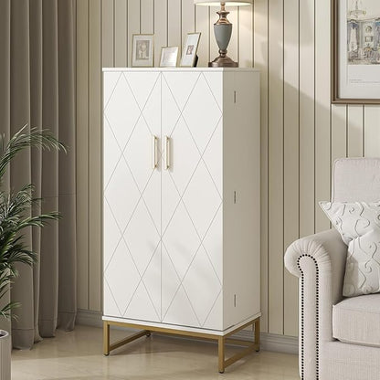 51” Kitchen Pantry Storage Cabinet, White Freestanding Pantry Cabinets with Doors and Adjustable Shelves, Buffet Cupboards Storage Cabinet for Home Office Use, Dinning Room(White + Gold)
