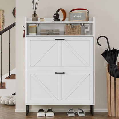 Shoe Cabinet with 2 Flip Drawers Narrow Shoe Storage Cabinet Organizer Wooden Freestanding Shoe Rack Hidden Slim Shoes Storage Cabinet for Entryway, Hallway, Bedroom