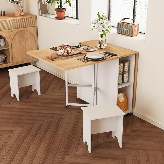 VOWNER 63” Folding Dining Table Set with 71” Tall Kitchen Pantry Storage Cabinet, with Large Drawers and Adjustable Shelves, Space Saving Wood Cupboard with Charging Station for Small Place, 4 Stools