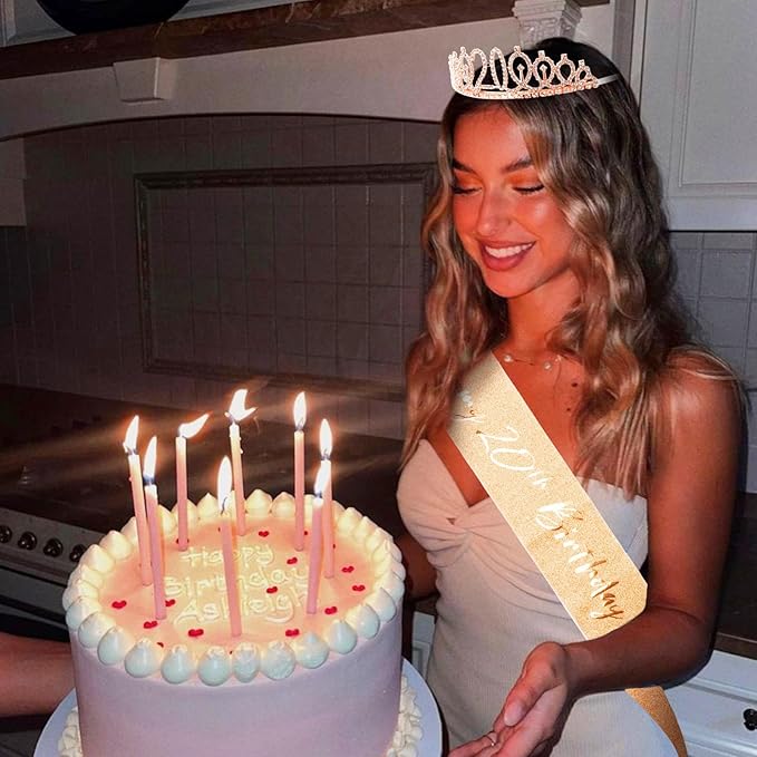 CIEHER 20th Birthday Crown and Sash for Girls, It's My 20 Bday Sash, 20th Birthday Decorations Rose Gold