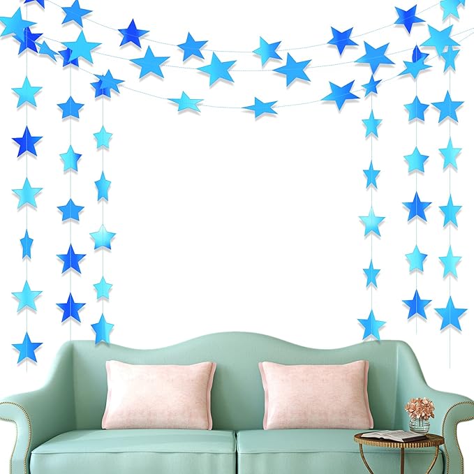 Patelai Glitter Star Garland Banner Christmas Decor 130 Feet Star Hanging Bunting Banner Twinkle Backdrop for Homecoming Classroom Wedding Birthday Halloween Party Supplies(Holographic Blue)