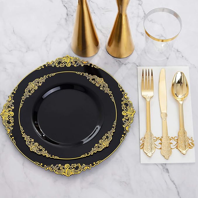 Hioasis 175pcs Black and Gold Plastic Plates - Elegant Disposable Dinnerware Set Suitable for 25 Guests Include 10.25" Dinner & 7.5" Dessert Plates, Cutlery, Napkins, Cups for Party & Wedding